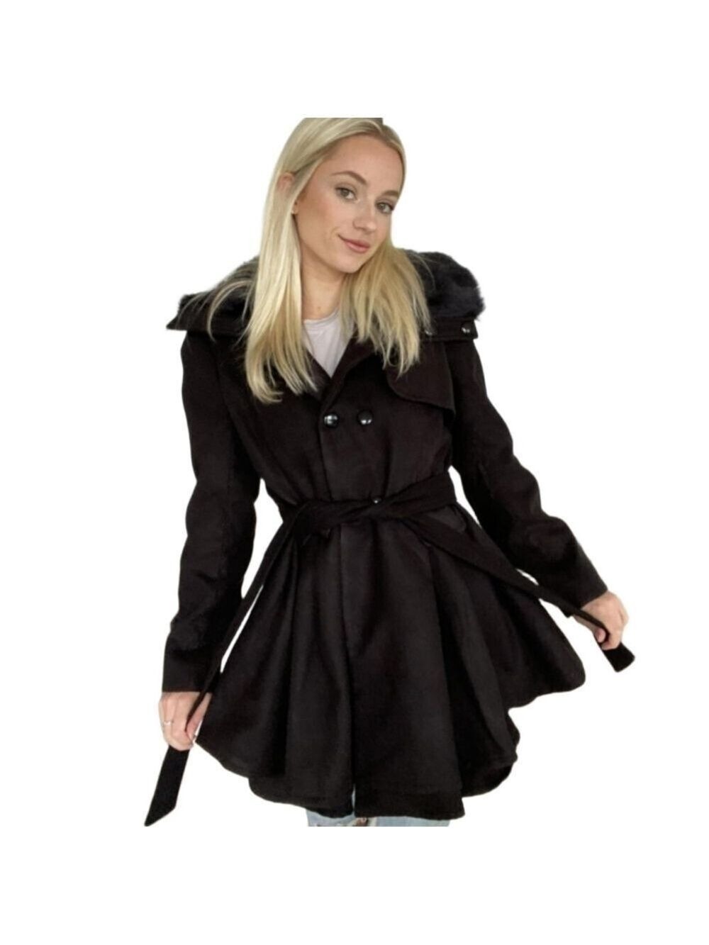 BLACK FAUX FUR COLLARED DOUBLE BREASTED FLARE BOTTOM TRENCH COAT MEDIUM NWT - Picture 4 of 8